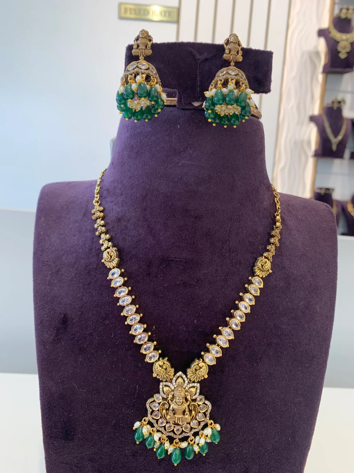 Lakshmi Antique Temple Necklace with Emerald Beads