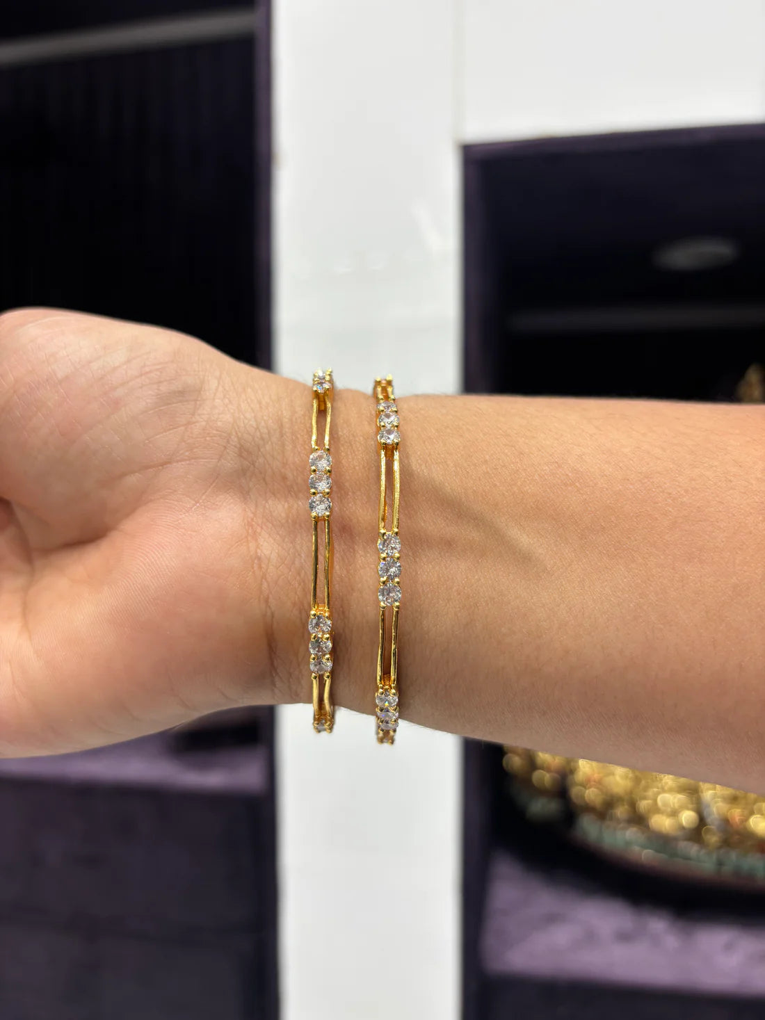 Sleek Gold Bangles with CZ Stone Clusters – Set of 2