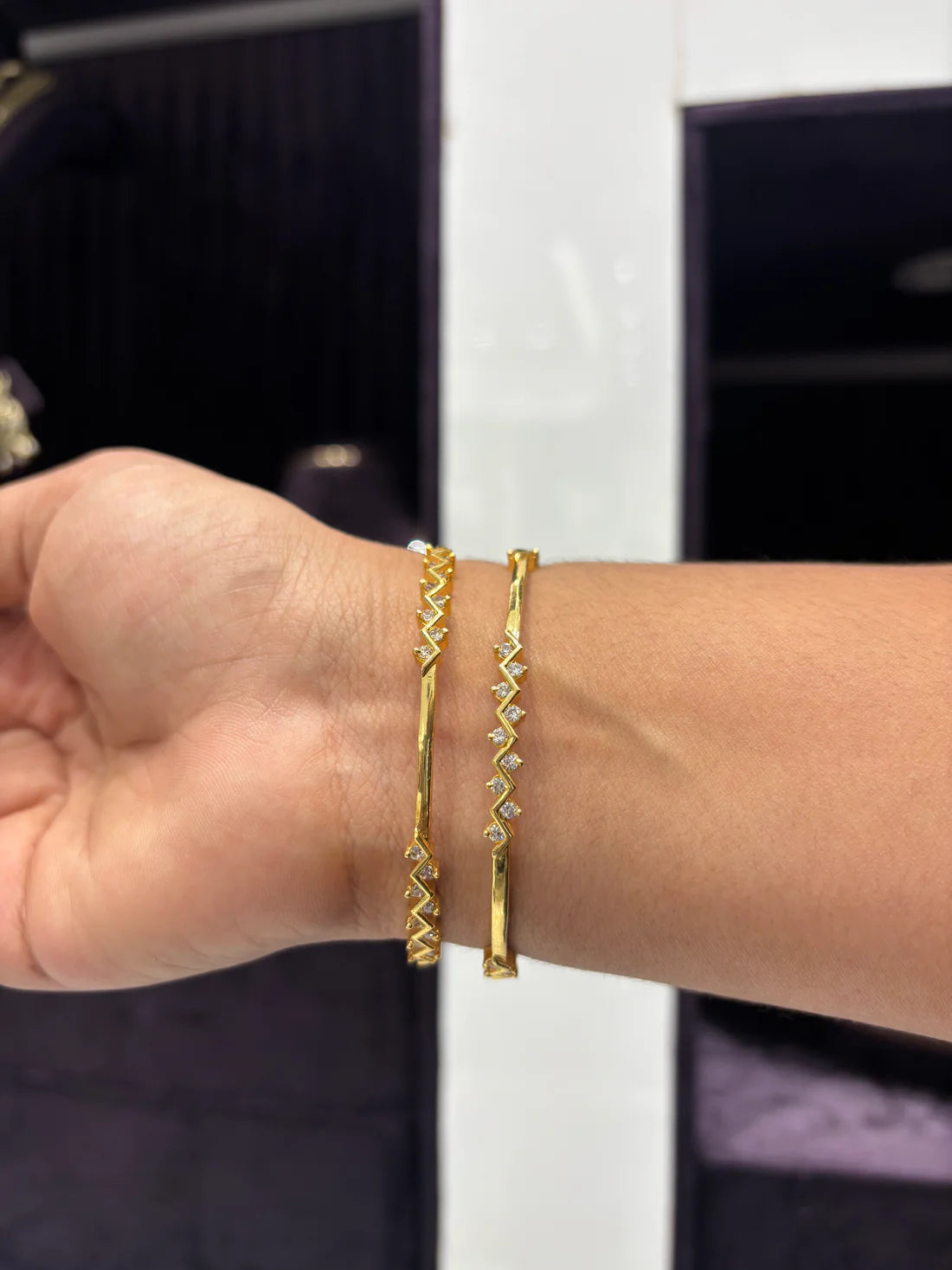 Geometric Gold Bangles with CZ Detailing – Set of 2