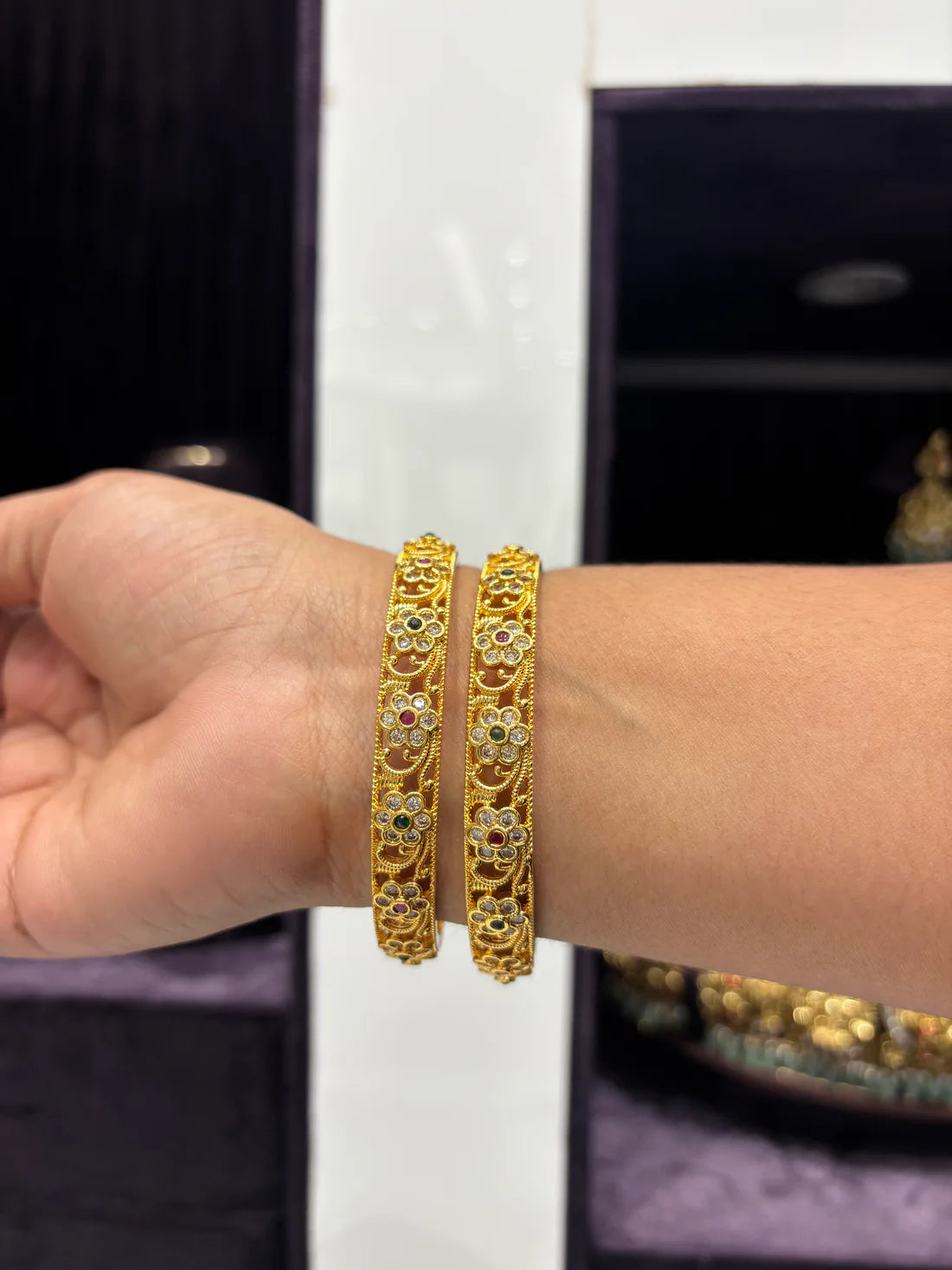 Antique Floral Gold Bangles with Multicolor Stones – Set of 2
