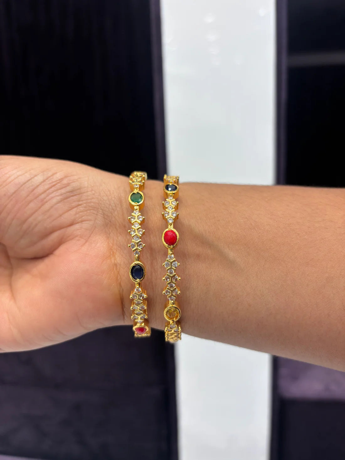 Multi-Stone Gold Bangles with CZ Accents – Vibrant Elegance