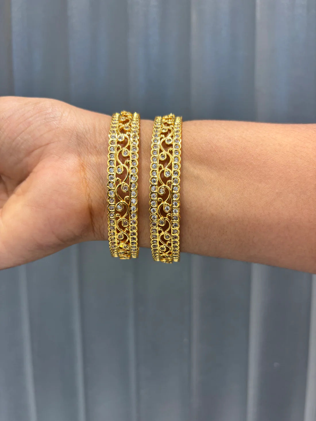 Intricate Filigree Gold Bangles with CZ Borders