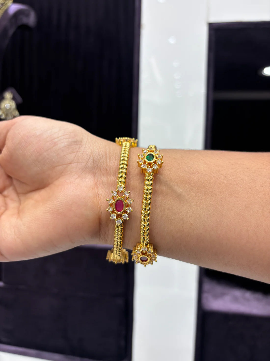Ruby & Emerald Oval Stone Gold Bangles with CZ Halo