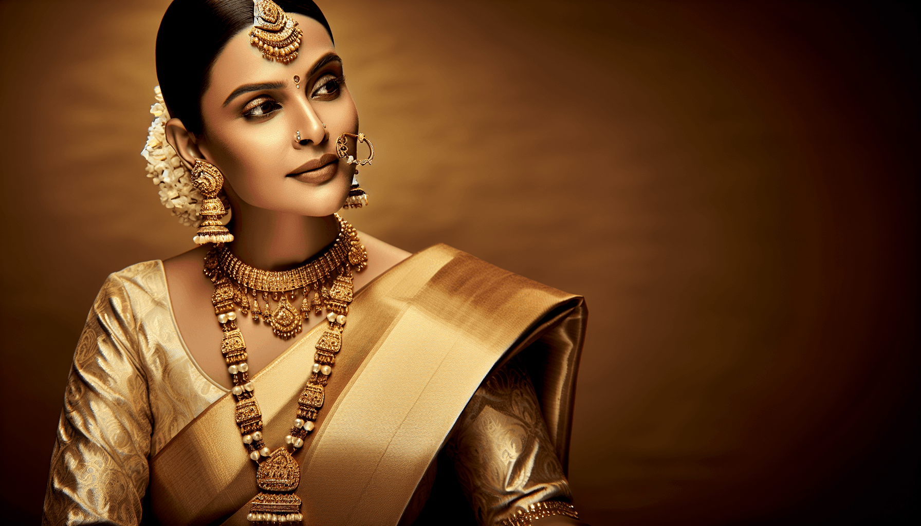 Telugu South Indian model in traditional gold kundan necklace and jhumka earrings