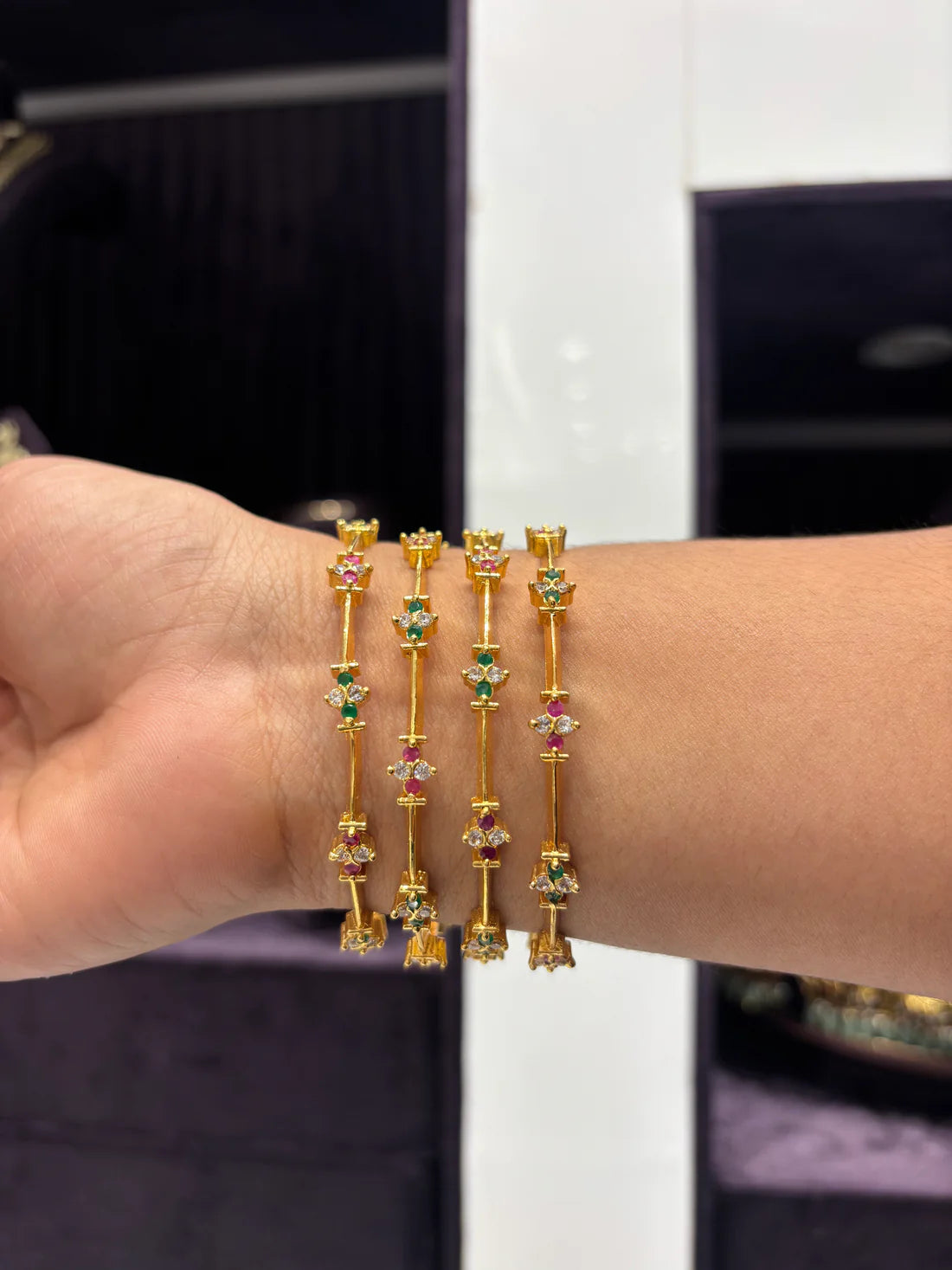 Multi-Stone Floral Gold Bangles – Set of 4