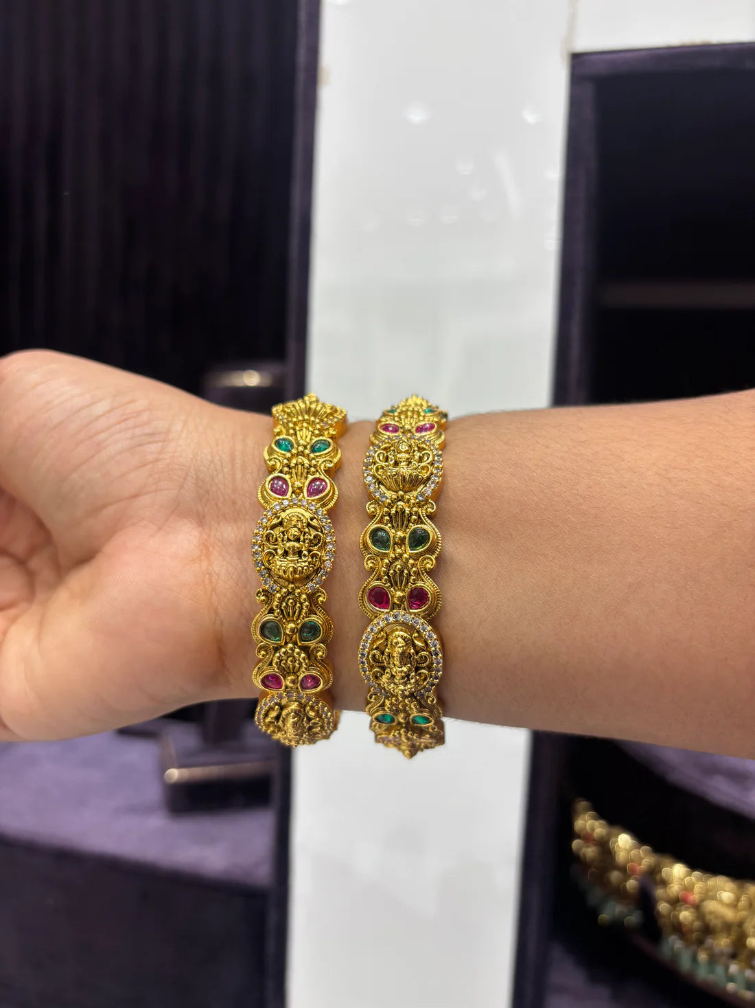 Antique Temple Lakshmi Bangles with Ruby & Emerald Accents