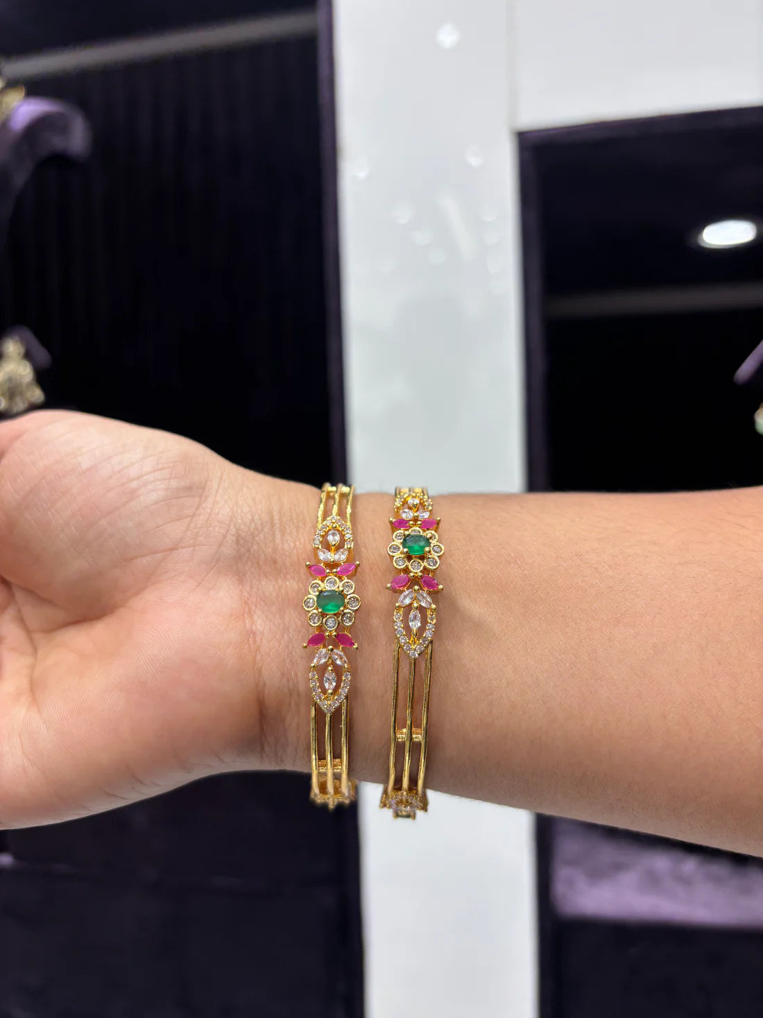 Ruby & Emerald Floral Gold Bangles – Set of 2