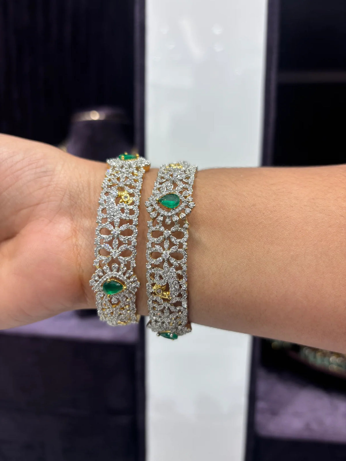 Sparkling Diamond-Cut Silver Bangles with Emerald Green Stones (Set of 2)