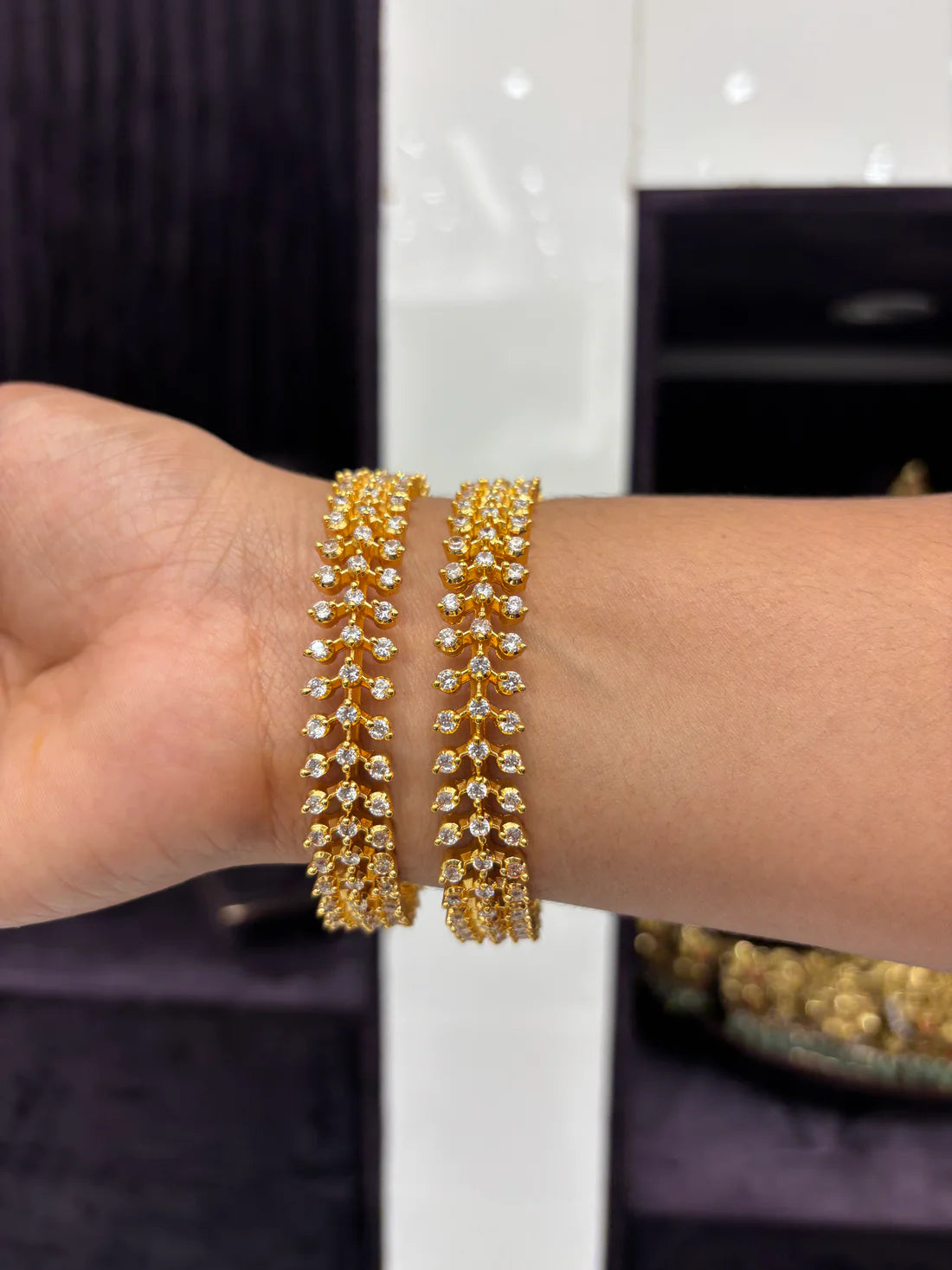 Sparkling Triple-Row CZ Gold Bangles – Bridal & Party Wear