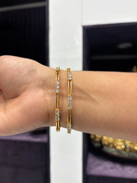 Sleek Gold Bangles with CZ Stone Clusters – Set of 2