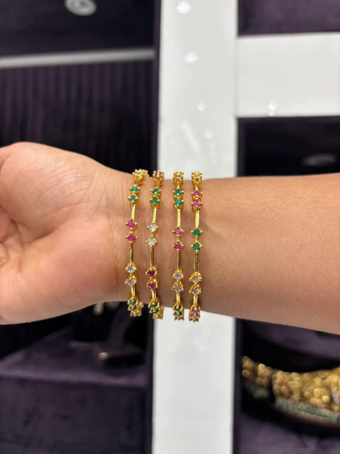 Ruby, Emerald & CZ Stone Gold Bangles – Set of 4