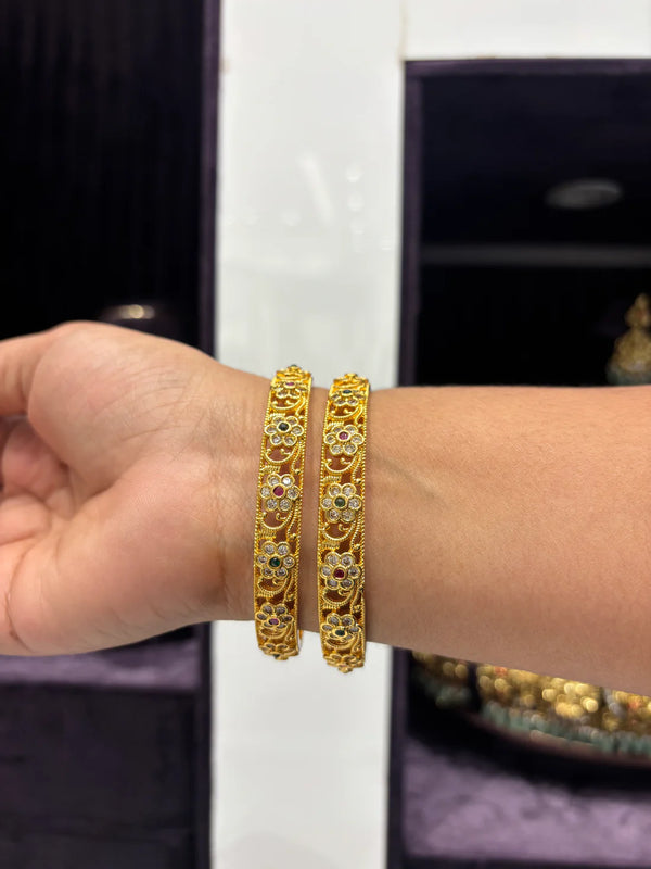 Antique Floral Gold Bangles with Multicolor Stones – Set of 2
