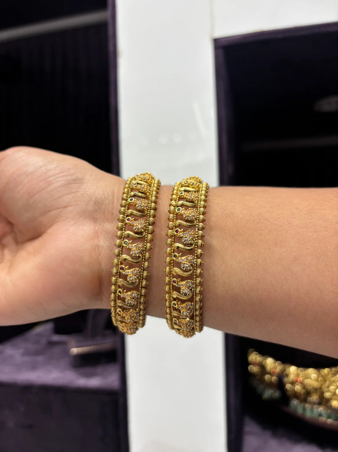 Antique Gold Bangles with Paisley Motifs and CZ Detailing