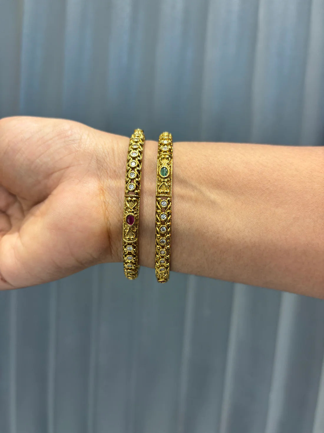Antique Gold Bangles with Ruby, Emerald, and Mirror-Polish Detailing