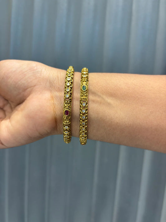 Antique Gold Bangles with Ruby, Emerald, and Mirror-Polish Detailing