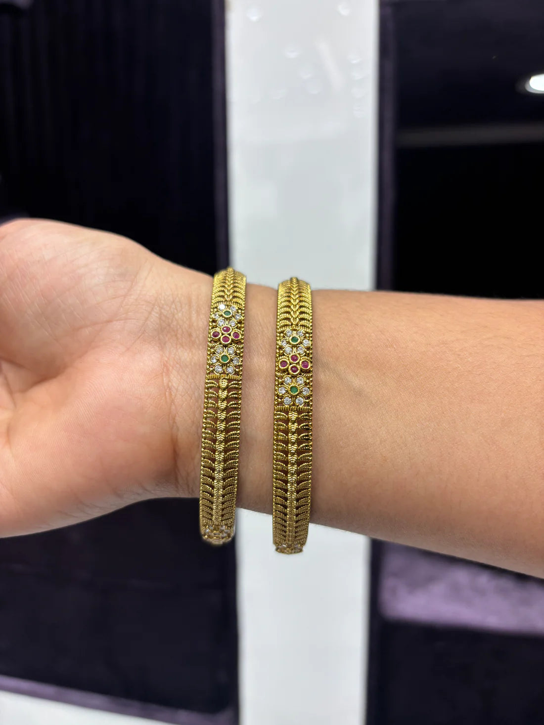 Antique Gold Floral Bangles with Ruby and Emerald Accents
