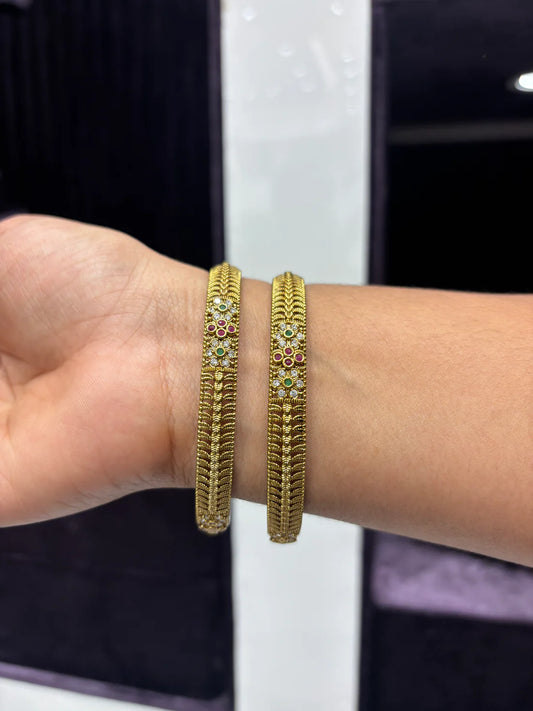 Antique Gold Floral Bangles with Ruby and Emerald Accents