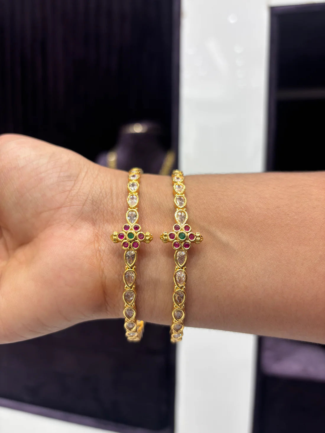 Antique Gold Bangles with Ruby, Emerald & CZ Detailing – Set of 2