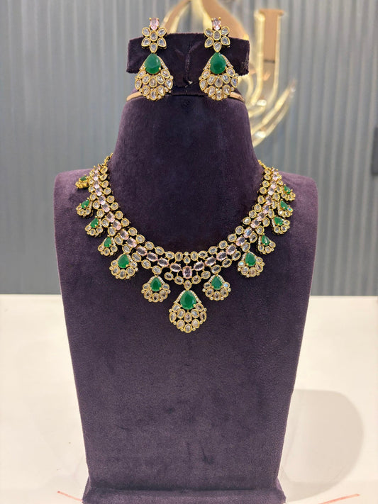Elegant Kundan & Emerald Green Stone Necklace Set with Earrings