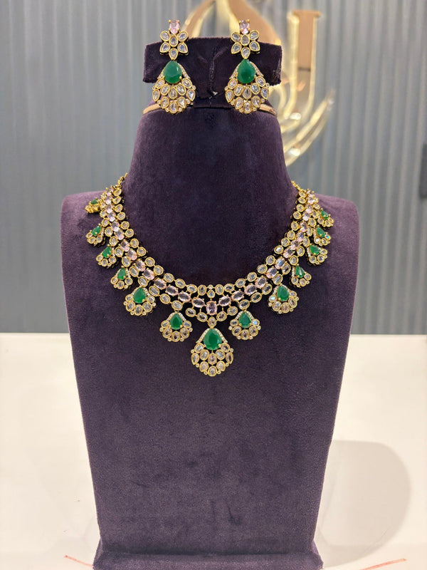 Elegant Kundan & Emerald Green Stone Necklace Set with Earrings
