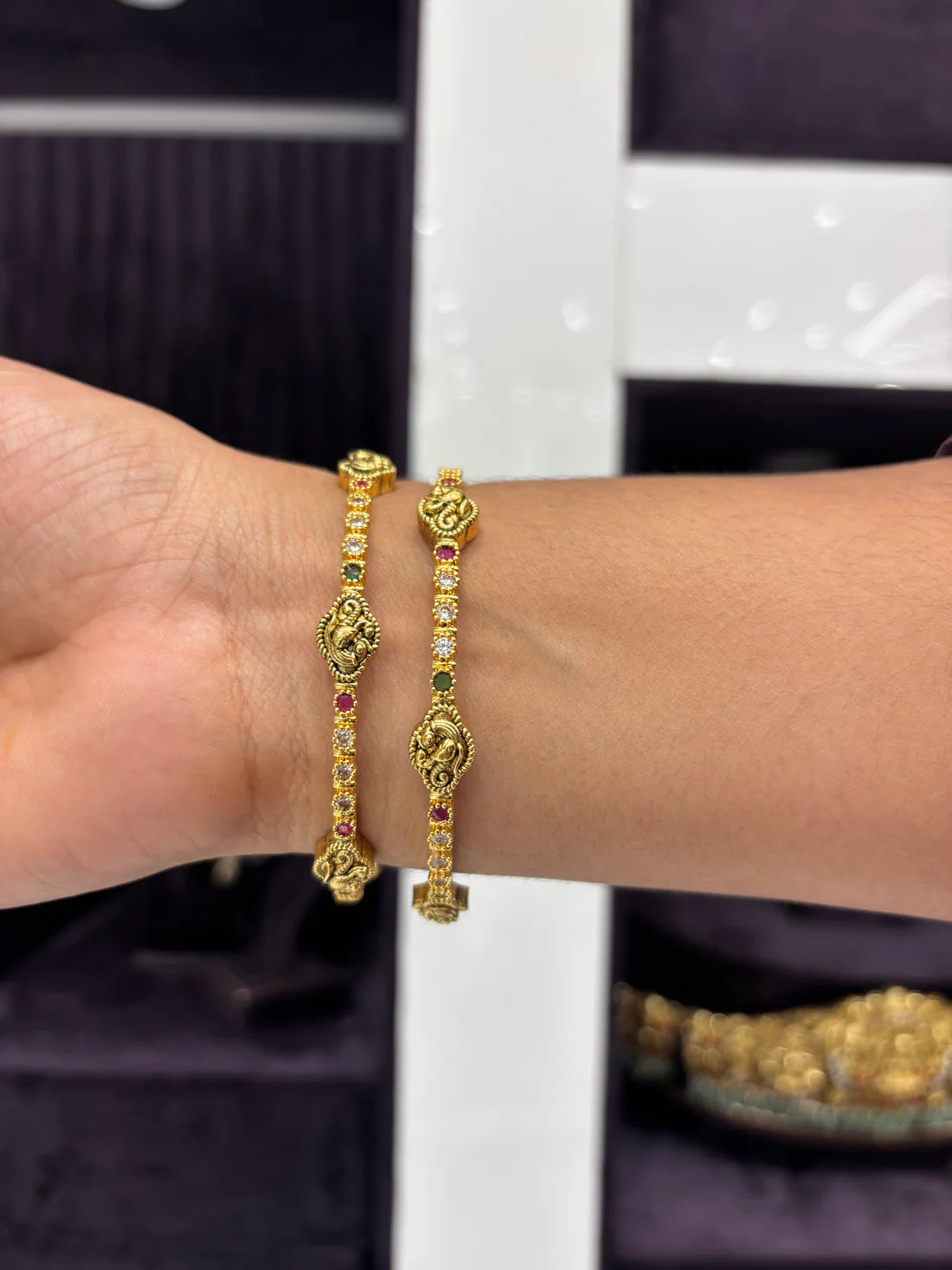 Gold Antique Bangles with Ruby and Emerald Stone Highlights