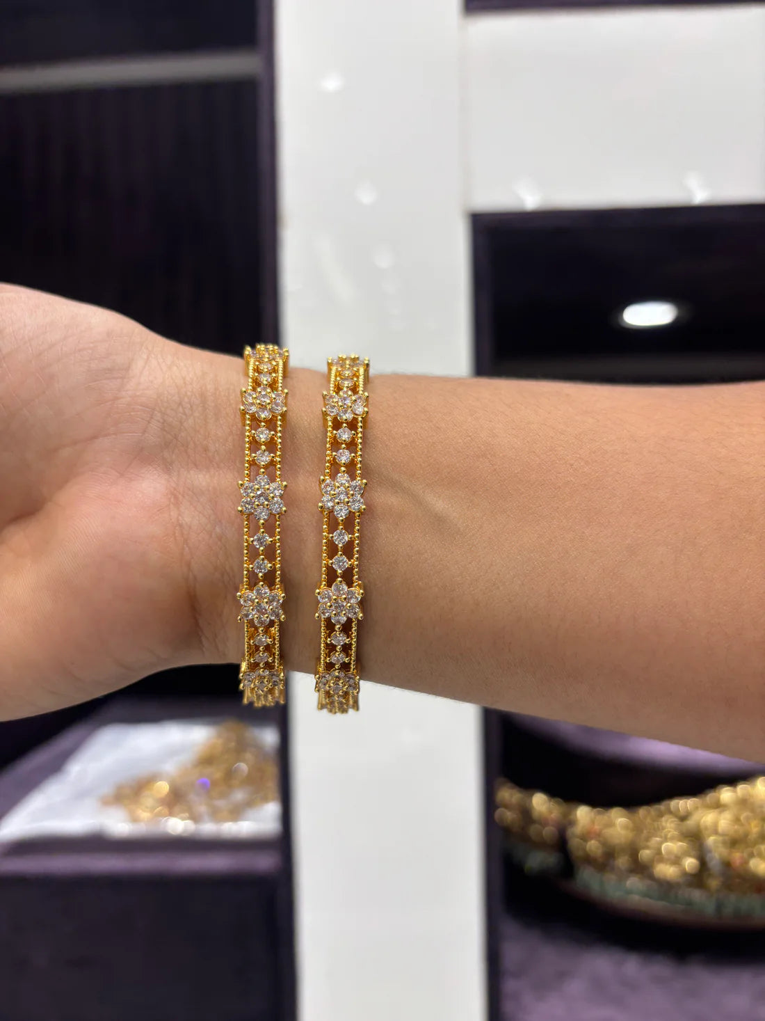 Floral CZ Gold Bangles – Timeless Sparkle