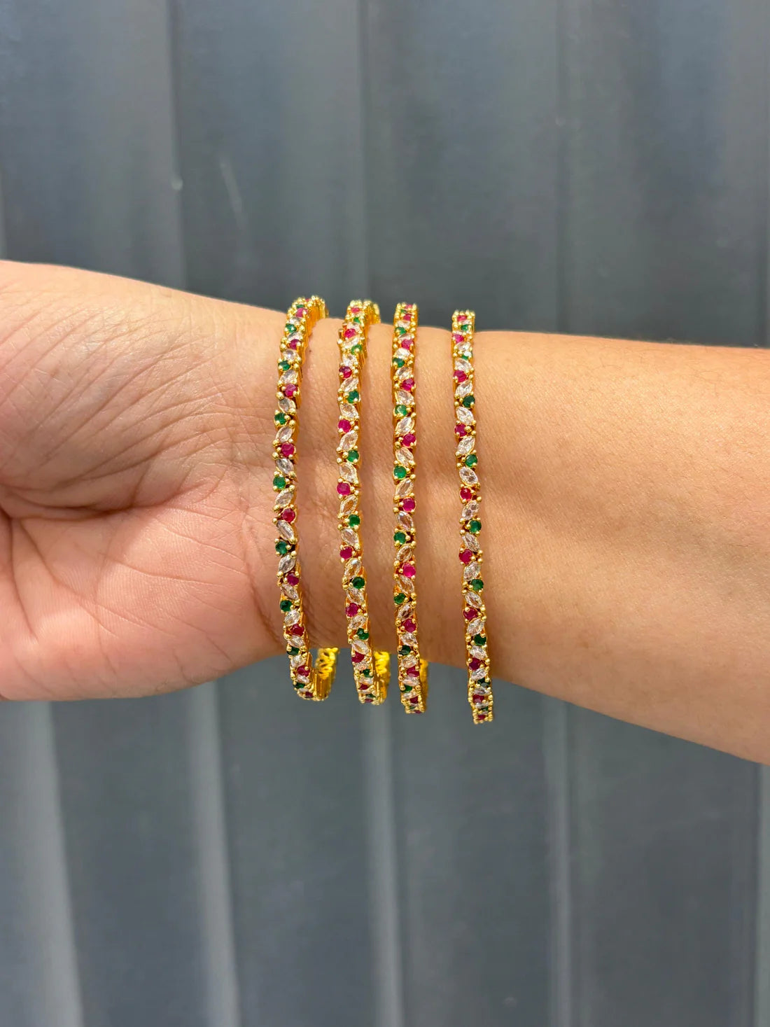 Multi-Stone Ruby & Emerald CZ Gold Bangles Set (4 Pcs)
