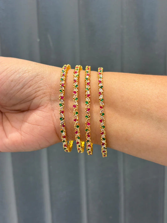 Multi-Stone Ruby & Emerald CZ Gold Bangles Set (4 Pcs)