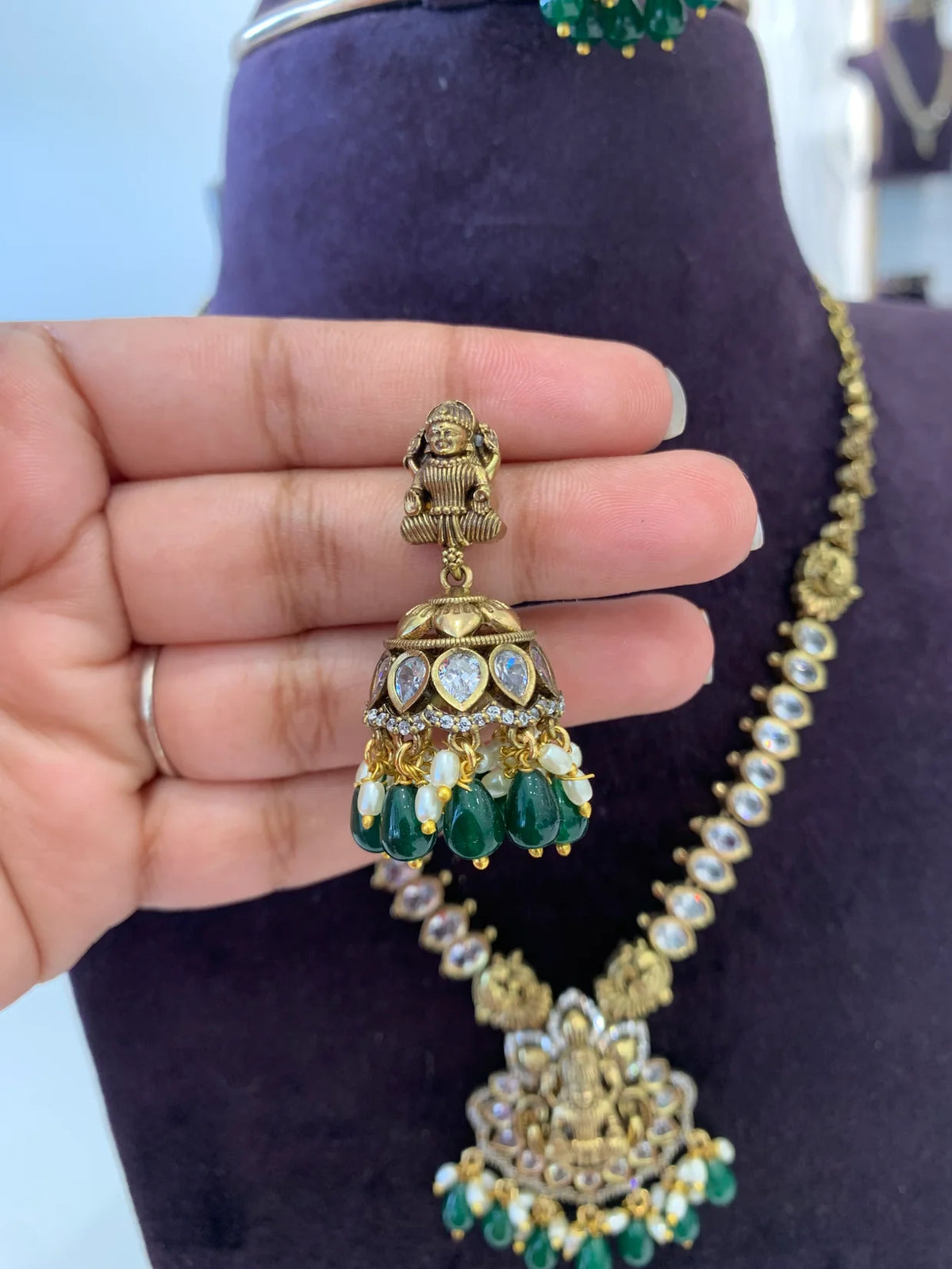 Lakshmi Antique Temple Necklace with Emerald Beads