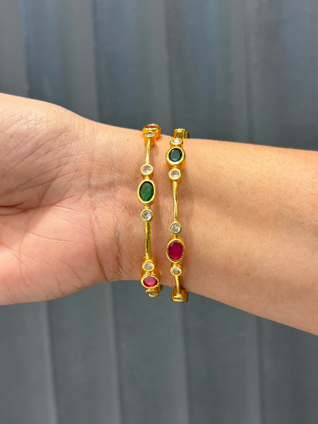 Ruby & Emerald Oval Stone Bangles with CZ Detailing (Set of 2)