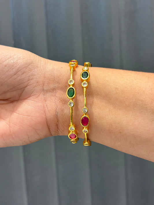 Ruby & Emerald Oval Stone Bangles with CZ Detailing (Set of 2)