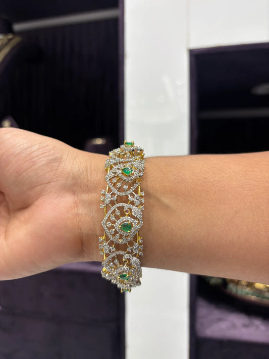 Royal Emerald & Diamond-Cut Peacock Motif Bangle