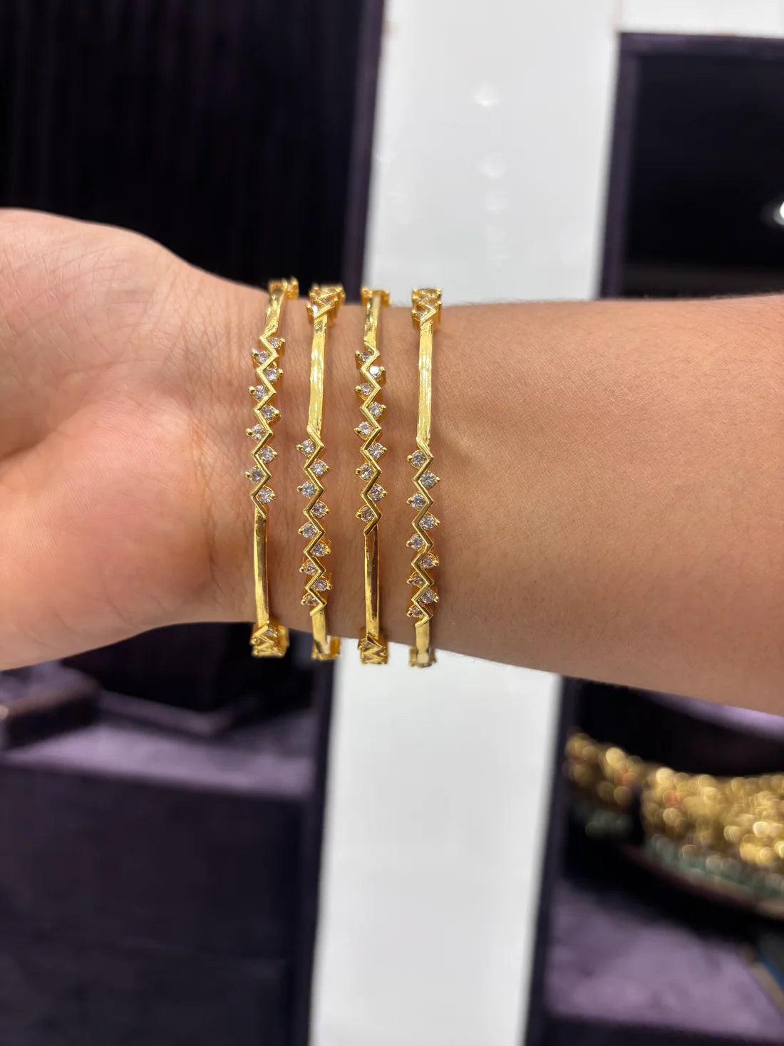 Zig-Zag Diamond-Cut Gold Bangles with CZ Accents (Set of 4)