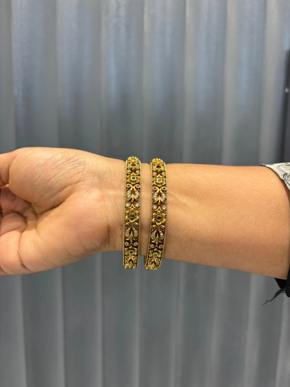 Antique Floral Kada Bangles with Ruby & Emerald Accents (Set of 2)