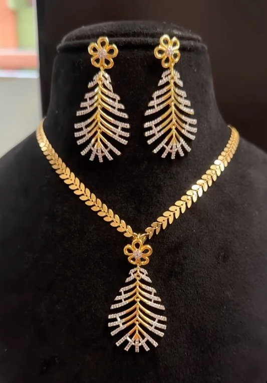 Gold-Plated Designer Necklace Set with Leaf Motif Pendant and Matching Earrings