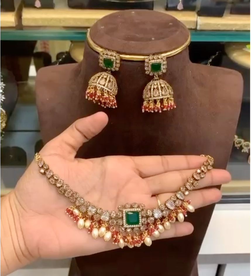 Emerald Green Stone Choker Set with Jhumka Earrings