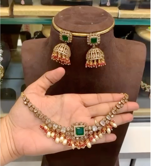 Emerald Green Stone Choker Set with Jhumka Earrings