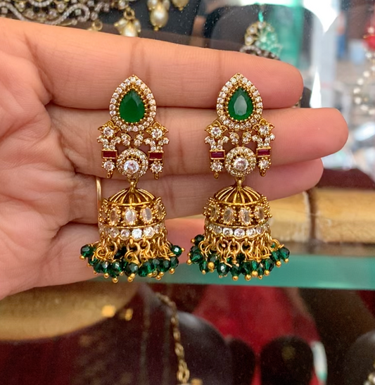 Royal Green Stone and Crystal Jhumka Earrings with Bead Detailing