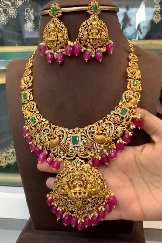 Grand Temple Necklace Set with Ruby Beads and Lakshmi Pendant