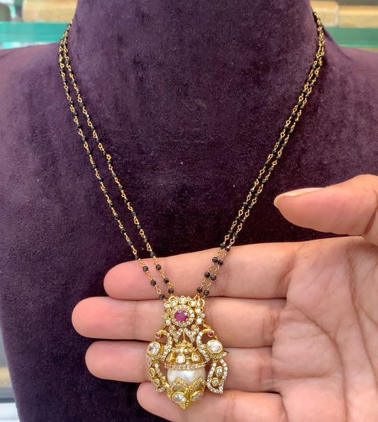 Traditional Double-Chain Mangalsutra with Pearl and Ruby Pendant