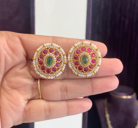 Round Kundan Stud Earrings with Ruby and Green Stones