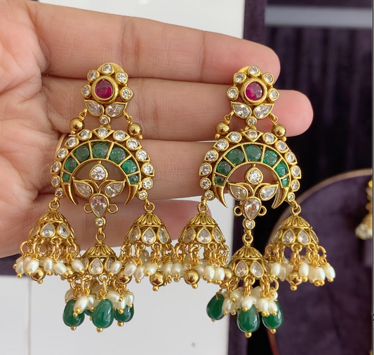 Royal Chandbali Earrings with Green Stones and Pearl Drops