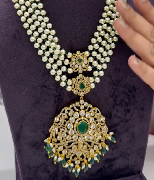 Traditional Pearl Layered Necklace with Kundan Pendant - No Earrings