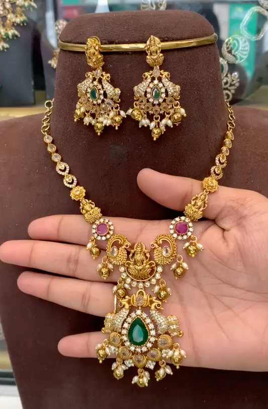 Traditional Lakshmi Temple Necklace Set with Green and Ruby Accents