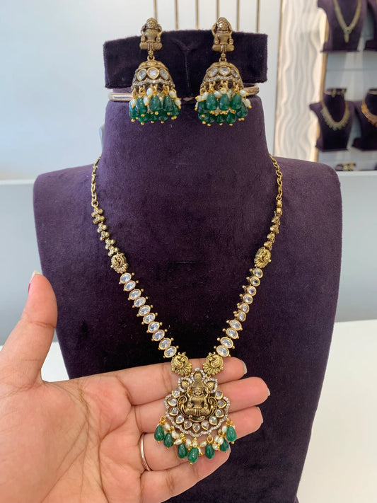 Lakshmi Antique Temple Necklace with Emerald Beads