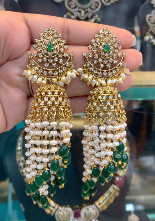 Grand Pearl and Kundan Jhumka Earrings with Green Beads