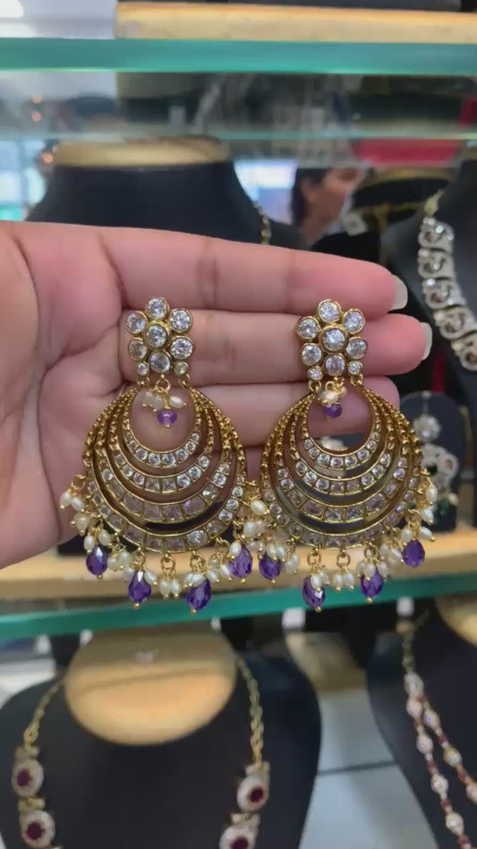Royal Polki Crescent Earrings with Pearls and Amethyst Beads