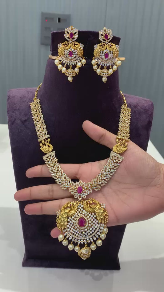 Ruby & Pearl Peacock Temple Necklace Set with Grand Pendant