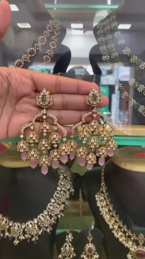 Elegant Kundan Chandbali Earrings with Pink Stone Drops