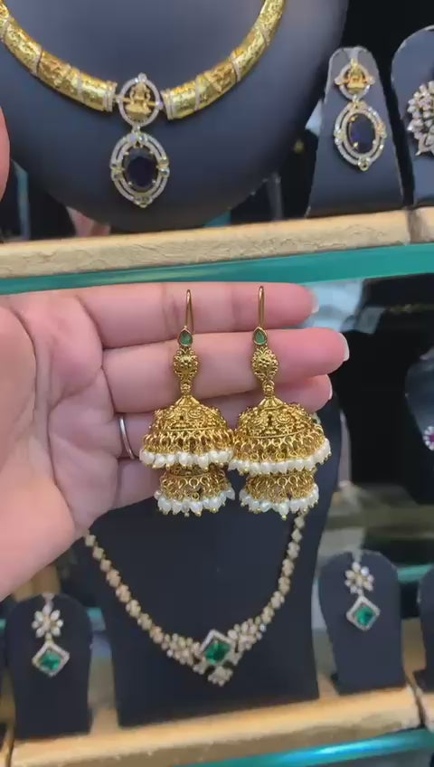 Antique Double Layer Gold Jhumkas with Pearls